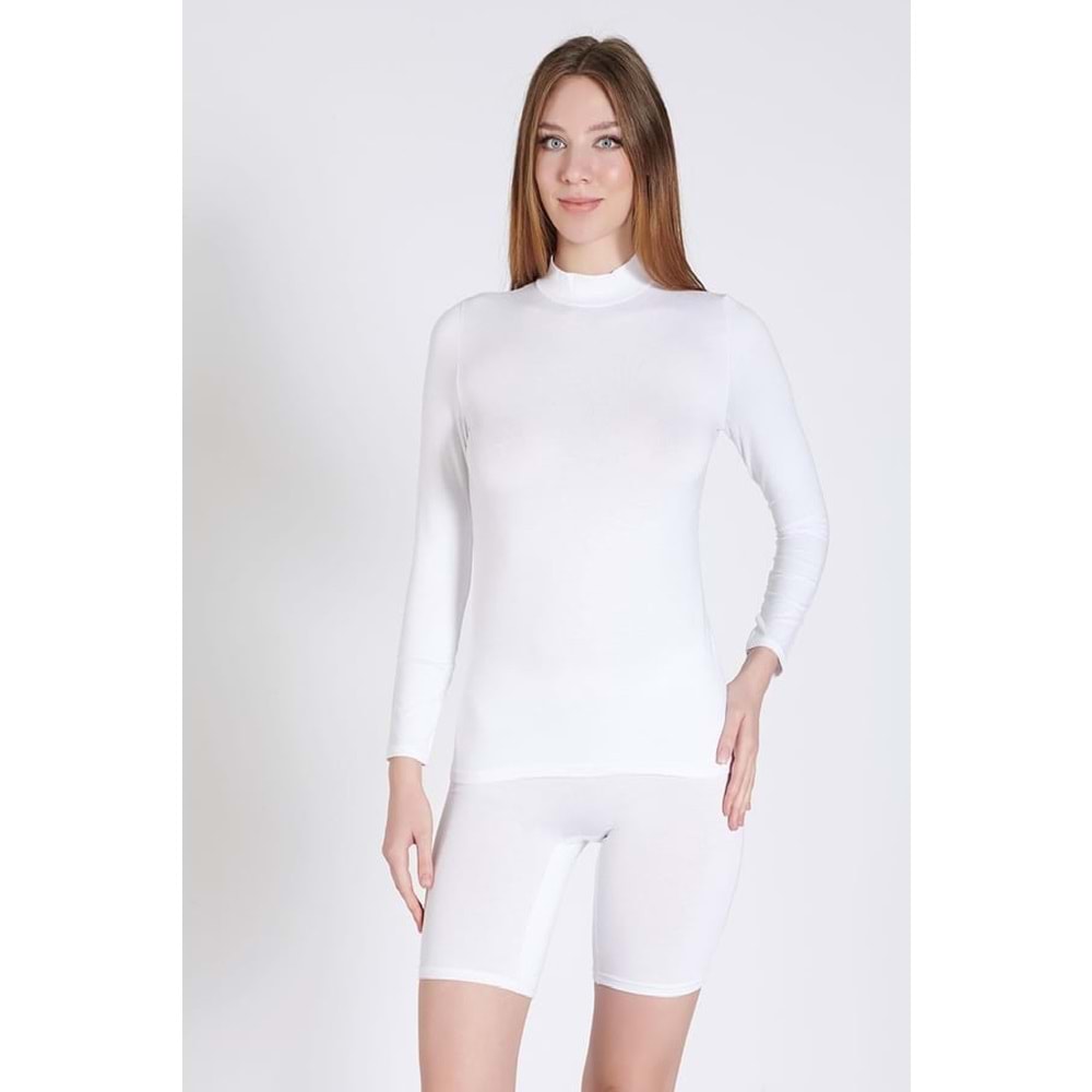 Belinay 0926 Kadın Uzun Kol Balıkçı Yaka Modal Body Beyaz XL