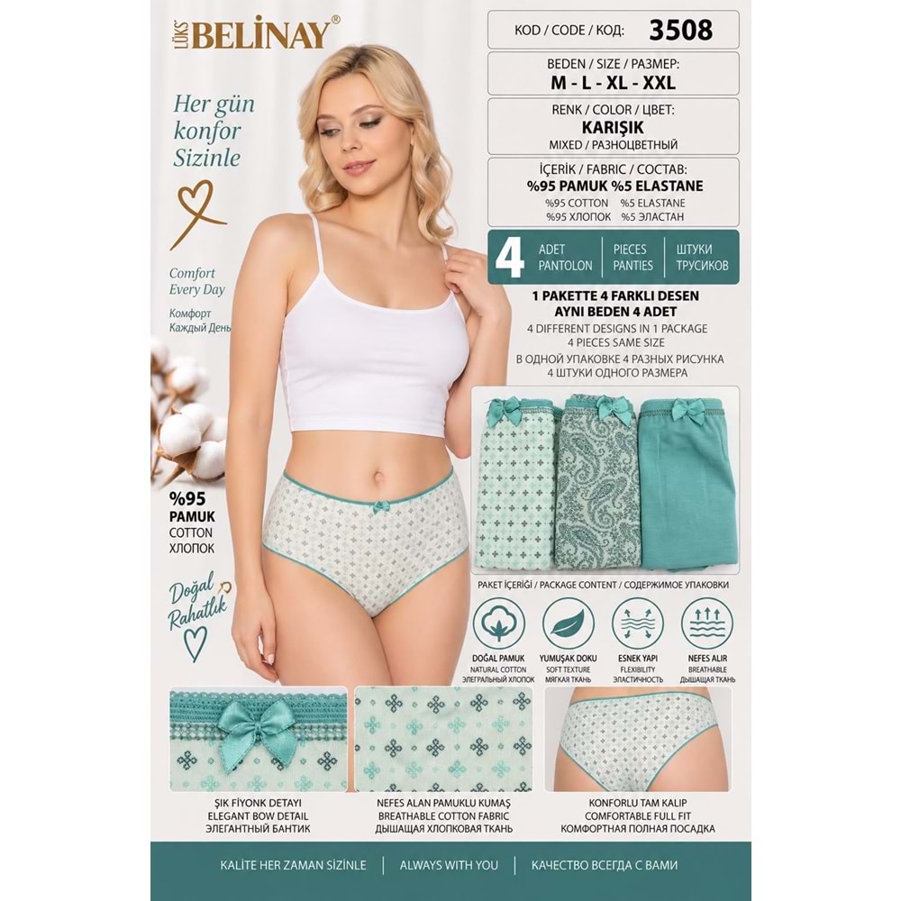 Belinay 3508 Kadın Yüksek Bel Bato Külot 4lü Paket Desenli XL