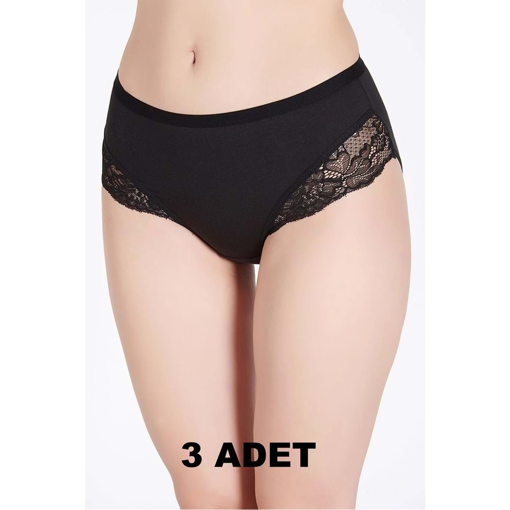 Belinay 3 Adet 0120 Kadın Yüksek Bel Dantelli Modal Külot Siyah bly4