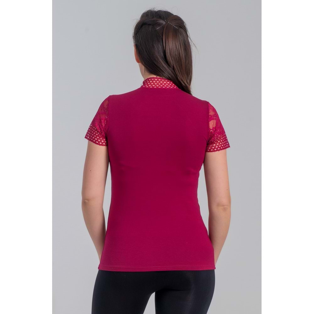 Belinay 8002 Kadın Dantelli Kısa Kol Body Vişne M