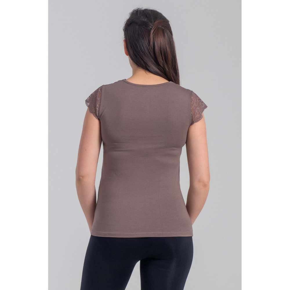 Belinay 8027 Kadın Likralı Dantelli V Yaka Body Vizon M