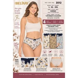 Belinay 3512 Kadın Yüksek Bel Bato Külot 4lü Paket Desenli XXL