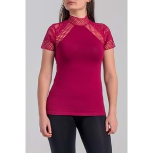 Belinay 8002 Kadın Dantelli Kısa Kol Body Vişne M