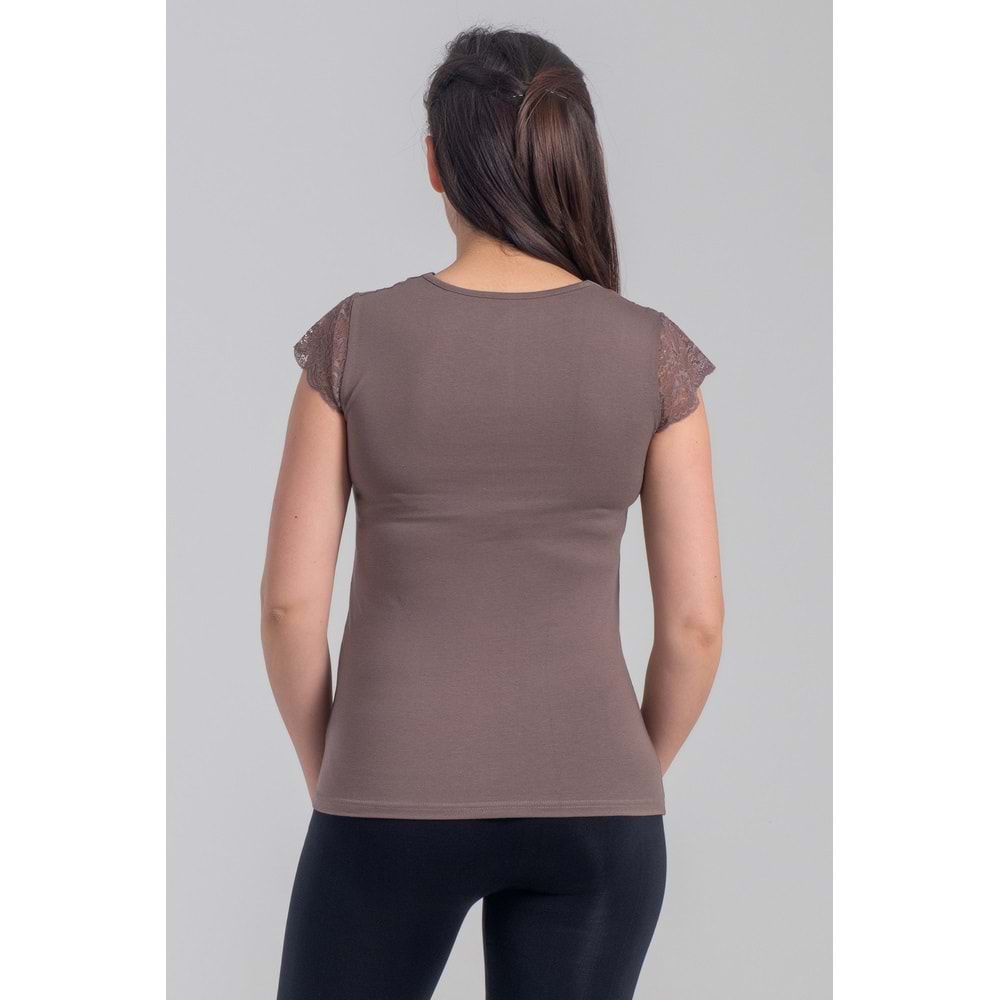 Belinay 8027 Kadın Likralı Dantelli V Yaka Body Vizon M