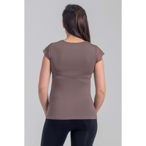 Belinay 8027 Kadın Likralı Dantelli V Yaka Body Vizon M